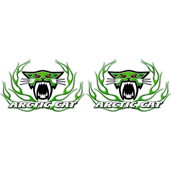 Arctic Cat Head Logo With Green Flames Stickers Decals x2 - DecalsHouse