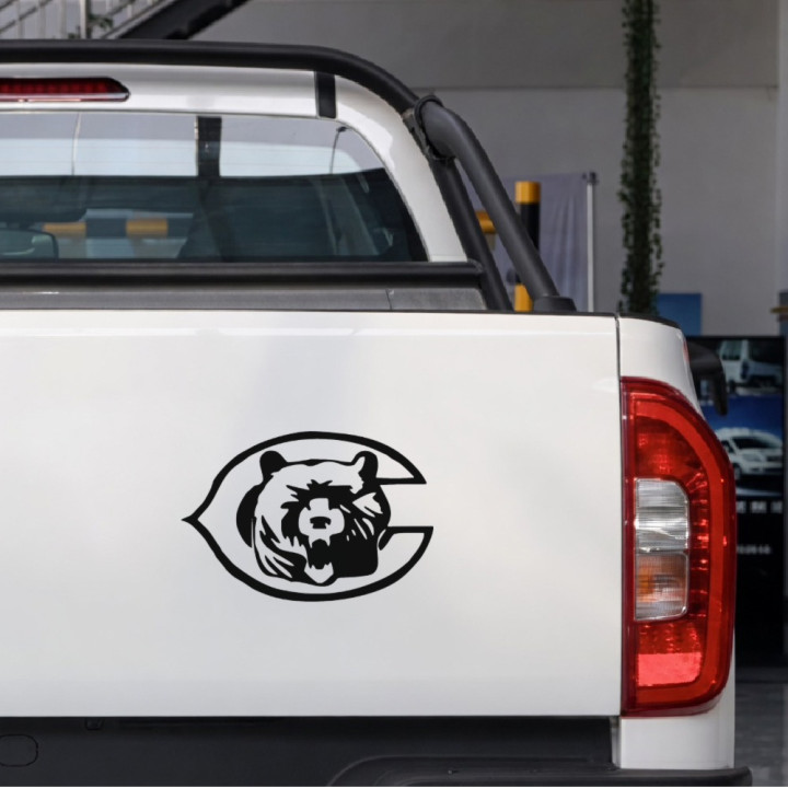 Bear Head in a C sticker on a pickup tailgate