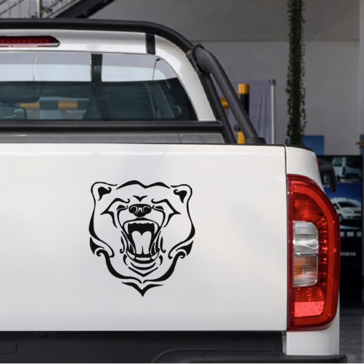 Line-Art Roaring Bear sticker on a pickup tailgate