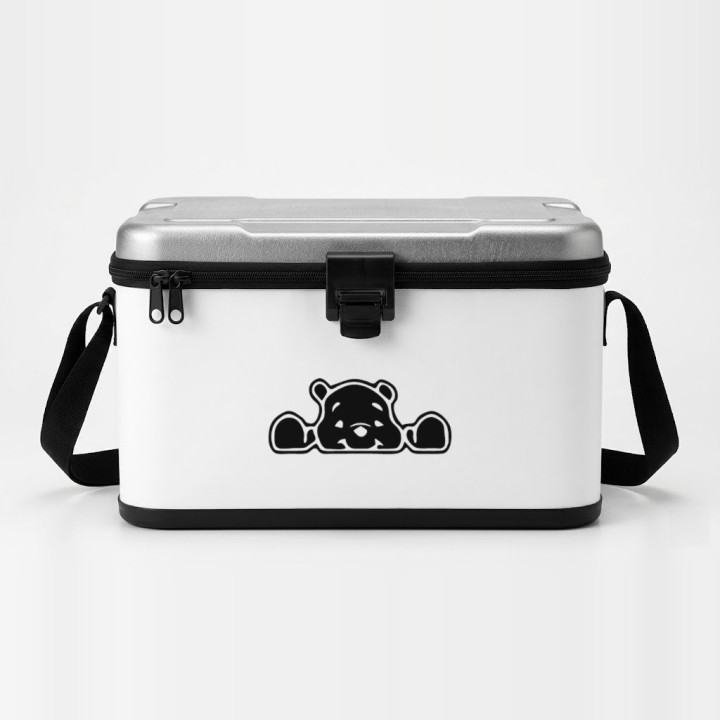 Peeking Bear sticker on a cool box