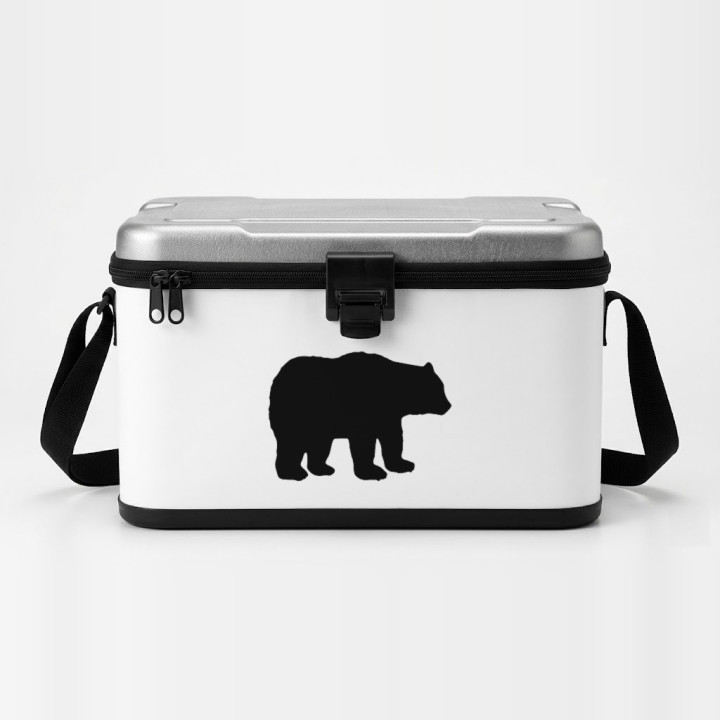 Shaggy Black Bear sticker on a cool box