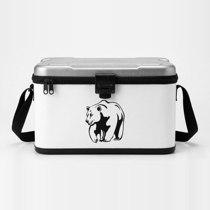 Smiling Grizzly sticker on a cool box